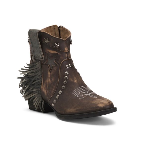 CIRCLE G Black Cowhide Fringe Studs And Laser Round Toe Mid Calf Boots